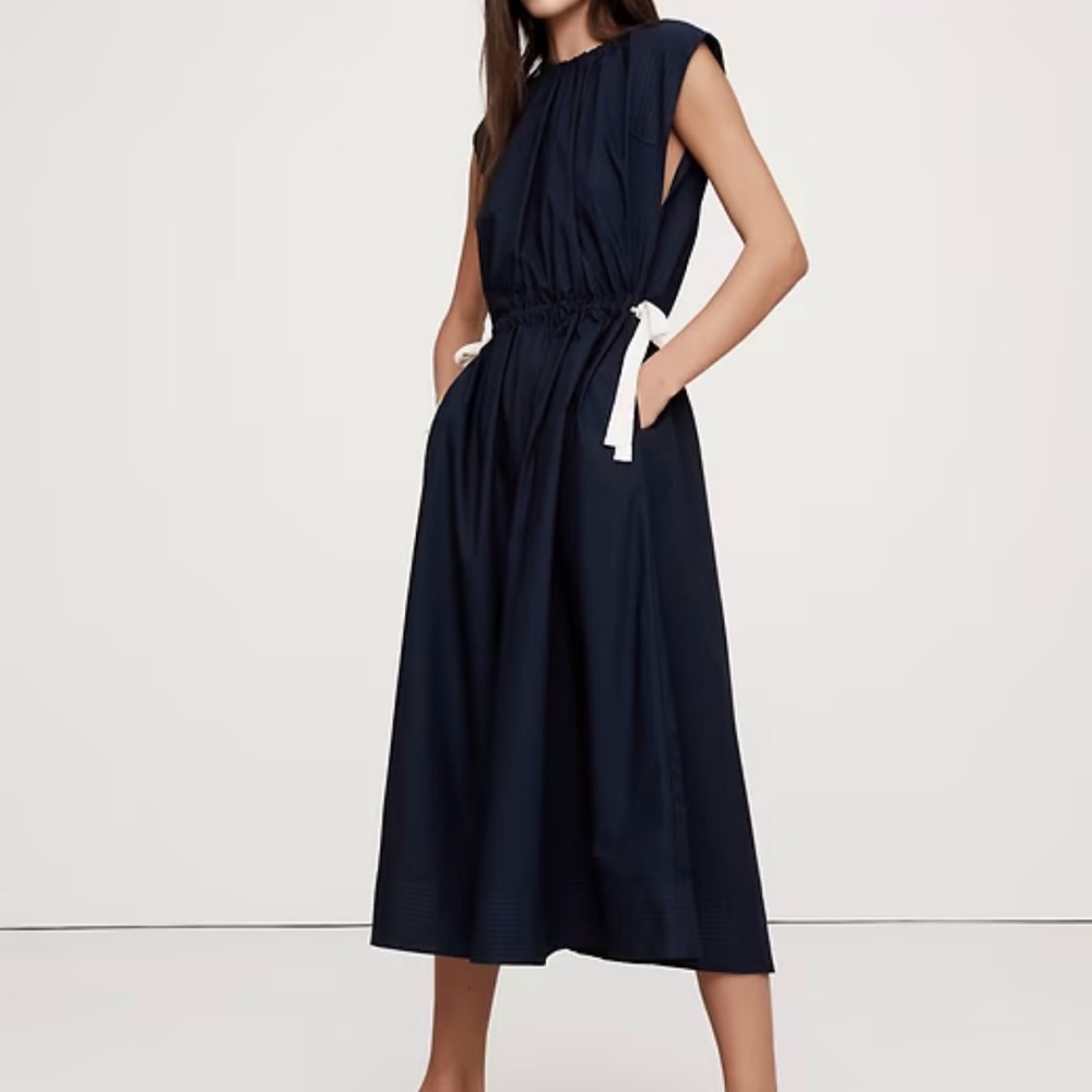NWT New Banana Republic Navy Poplin Tie Waist Midi Dress